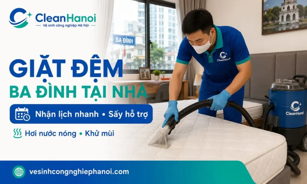 Kỹ thuật viên CleanHanoi giặt đệm tại nhà ở Ba Đình
