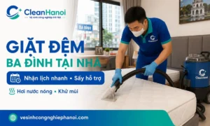 Kỹ thuật viên CleanHanoi giặt đệm tại nhà ở Ba Đình