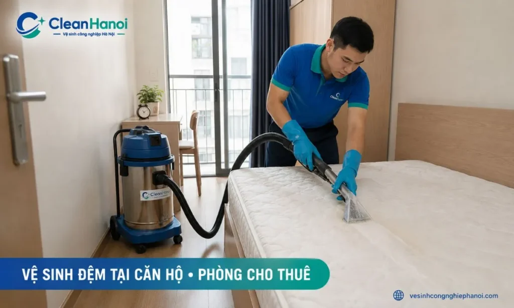Nhân viên vệ sinh đệm trực tiếp trong căn hộ hoặc phòng cho thuê