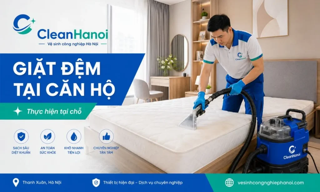 Nhân viên CleanHanoi giặt đệm tại căn hộ ở Thanh Xuân