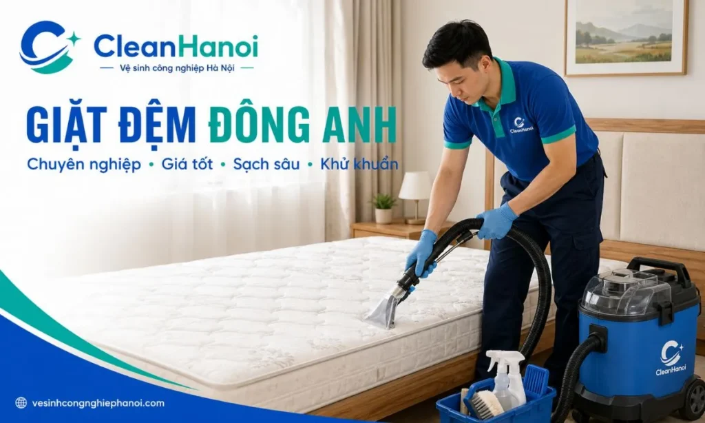 Nhân viên CleanHanoi vệ sinh đệm tại nhà cho khách hàng ở khu vực Đông Anh