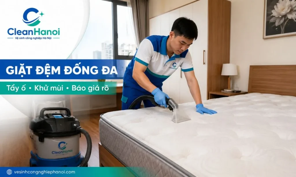 Nhân viên CleanHanoi giặt đệm tại nhà ở Đống Đa