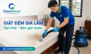 Nhân viên CleanHanoi giặt đệm tại nhà ở Gia Lâm
