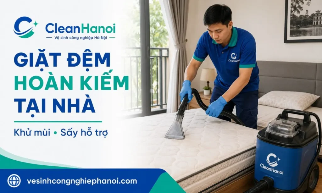 Kỹ thuật viên CleanHanoi giặt đệm tại nhà ở Hoàn Kiếm