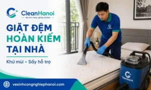 Kỹ thuật viên CleanHanoi giặt đệm tại nhà ở Hoàn Kiếm