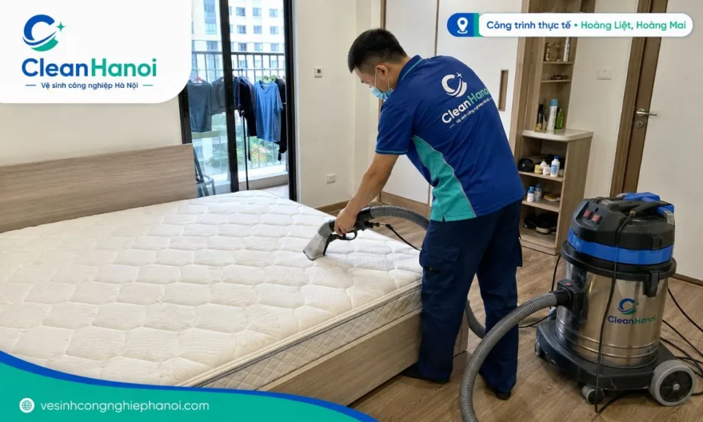 CleanHanoi giặt đệm tại nhà khách hàng ở Hoàng Liệt, Hoàng Mai