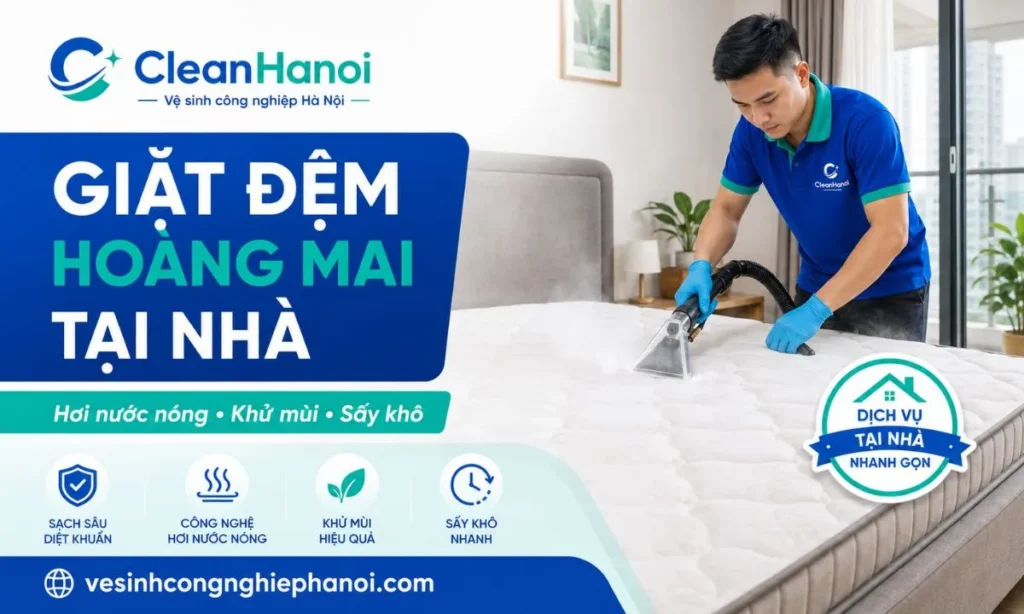 Kỹ thuật viên CleanHanoi giặt đệm tại nhà ở Hoàng Mai