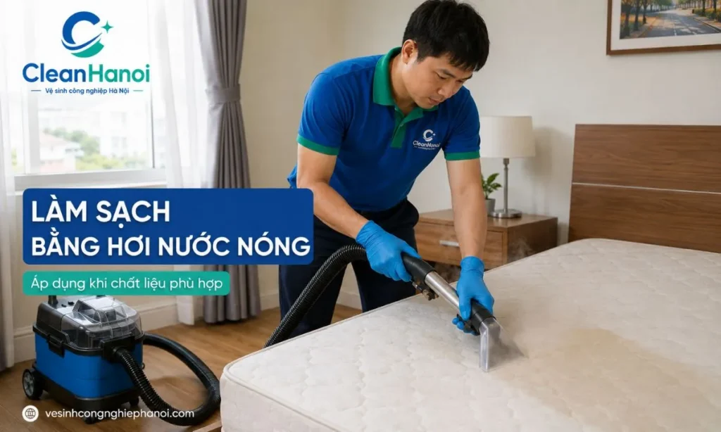Nhân viên CleanHanoi làm sạch đệm bằng hơi nước nóng tại Hai Bà Trưng