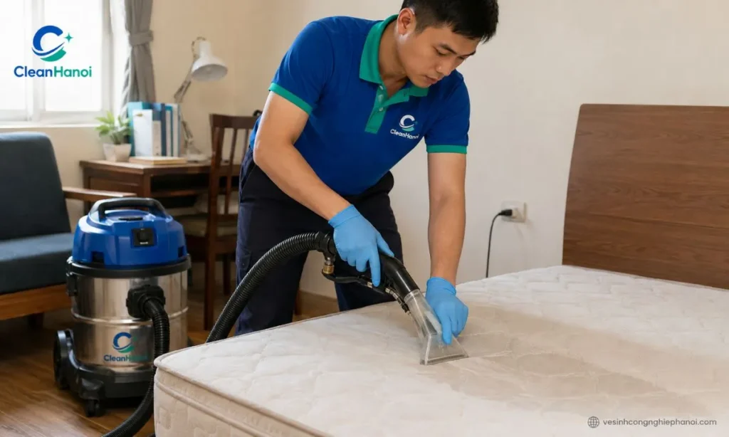 Nhân viên CleanHanoi vệ sinh đệm tại nhà ở Bắc Từ Liêm bằng máy phun hút