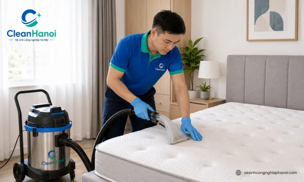Nhân viên CleanHanoi giặt đệm tại nhà ở Đông Anh bằng thiết bị phun hút