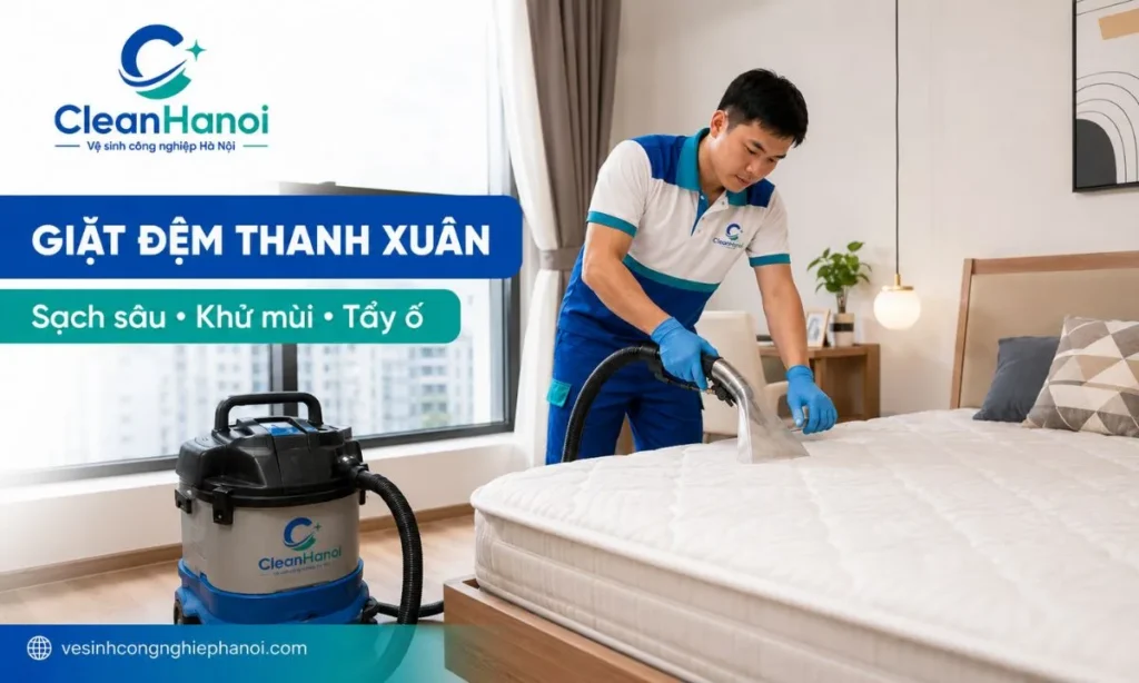 Nhân viên CleanHanoi giặt đệm tại nhà ở Thanh Xuân