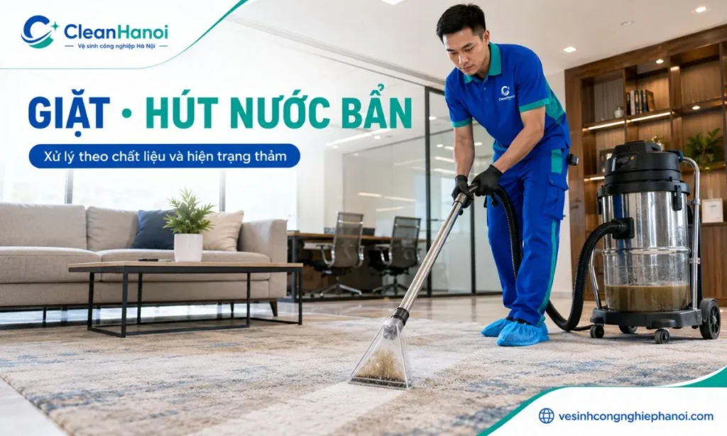 Kỹ thuật viên CleanHanoi giặt và hút nước bẩn trên thảm