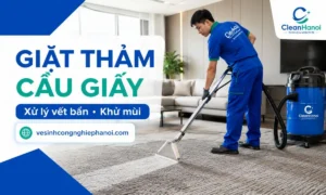 Kỹ thuật viên CleanHanoi giặt thảm tại Cầu Giấy