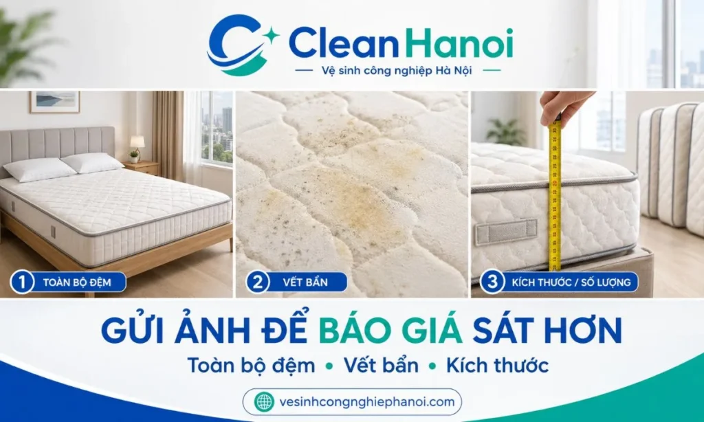 Ảnh toàn bộ đệm và vị trí vết bẩn giúp CleanHanoi đánh giá hiện trạng trước khi báo giá