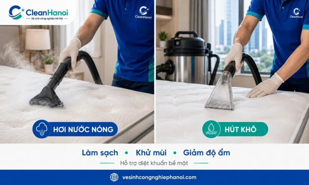 Kỹ thuật viên sử dụng hơi nước nóng và sấy hỗ trợ khi vệ sinh đệm