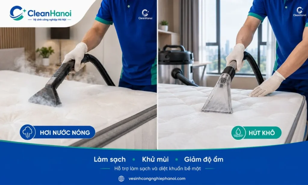 Kỹ thuật viên sử dụng hơi nước nóng và sấy hỗ trợ sau khi vệ sinh đệm
