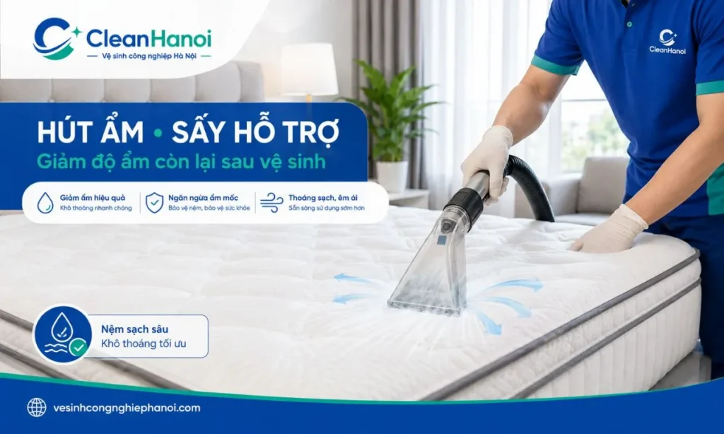 Kỹ thuật viên hút ẩm và sấy khô đệm sau khi vệ sinh