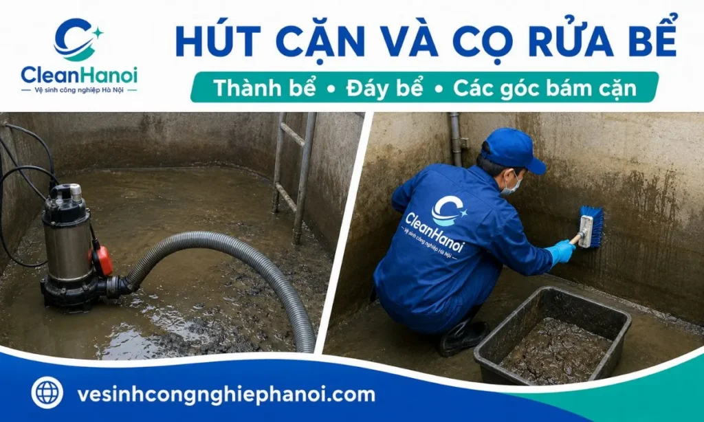 Nhân viên hút cặn và cọ rửa bể nước tại Bắc Từ Liêm