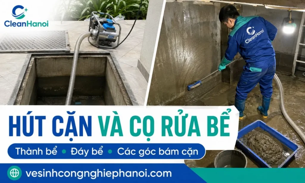 Nhân viên hút cặn và cọ rửa thành bể nước tại Cầu Giấy