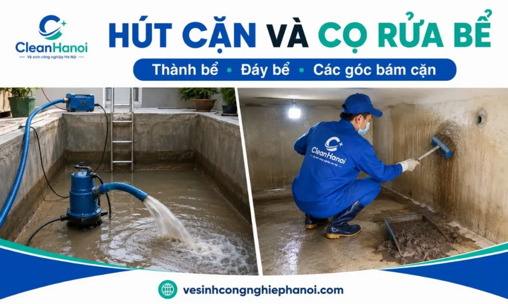 Nhân viên hút cặn và cọ rửa bể nước ngầm tại Hoài Đức