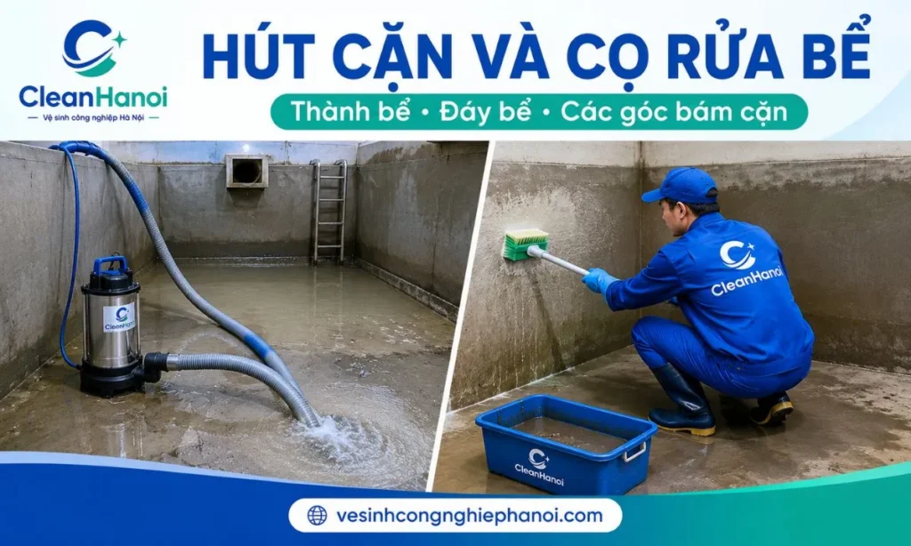 Nhân viên hút cặn và cọ rửa bể nước ngầm tại Nam Từ Liêm