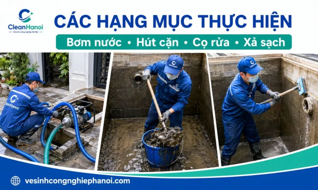 Nhân viên bơm nước hút cặn và cọ rửa thành bể