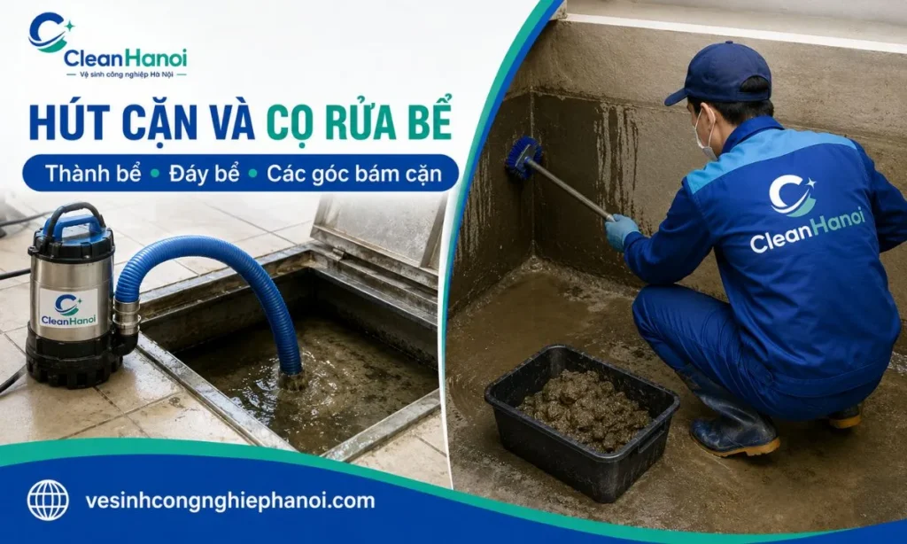 Nhân viên CleanHanoi hút cặn và cọ rửa bể nước tại Tây Hồ