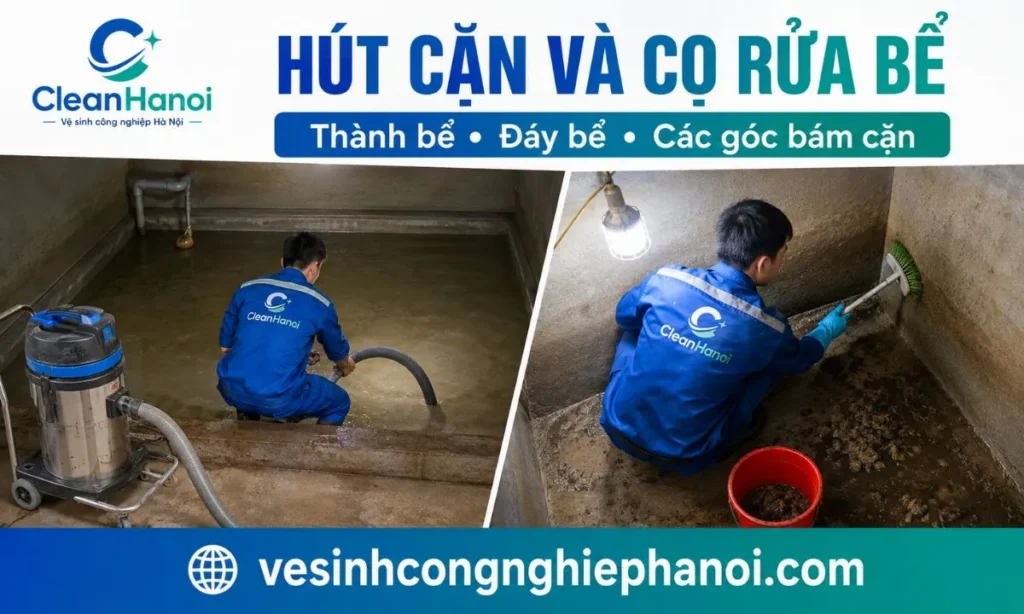 Nhân viên hút cặn và cọ rửa bể nước ngầm tại Thanh Xuân