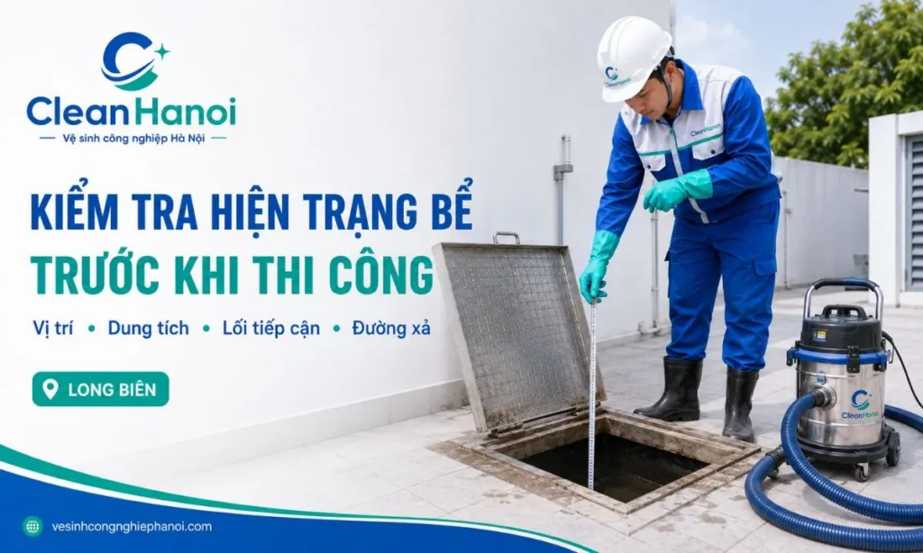 Nhân viên kiểm tra hiện trạng bể nước ngầm tại Long Biên trước khi vệ sinh