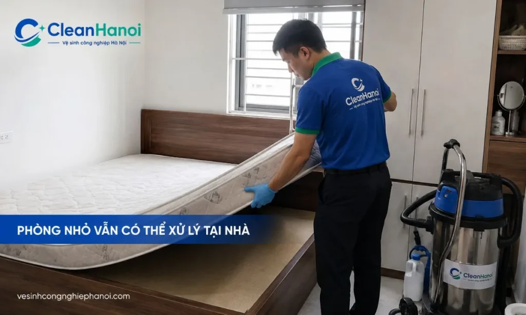 Nhân viên kiểm tra không gian quanh giường trước khi vệ sinh đệm tại nhà