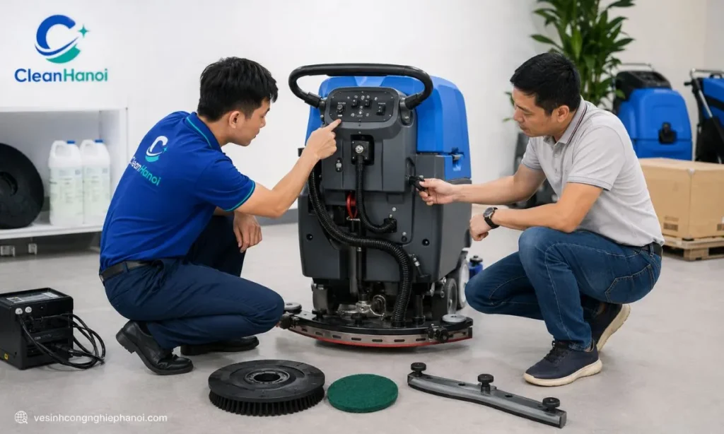 Kỹ thuật viên kiểm tra máy chà sàn trước khi bàn giao cho khách thuê