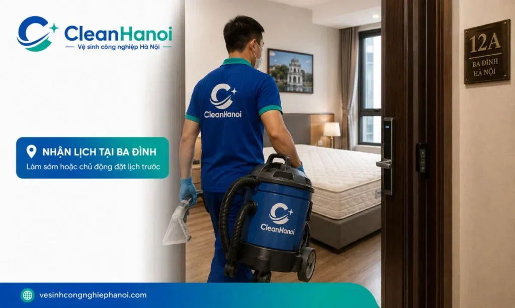 Kỹ thuật viên CleanHanoi đến giặt đệm tại nhà khách hàng ở Ba Đình