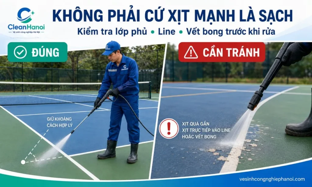 Kiểm soát áp lực nước khi vệ sinh mặt sân pickleball