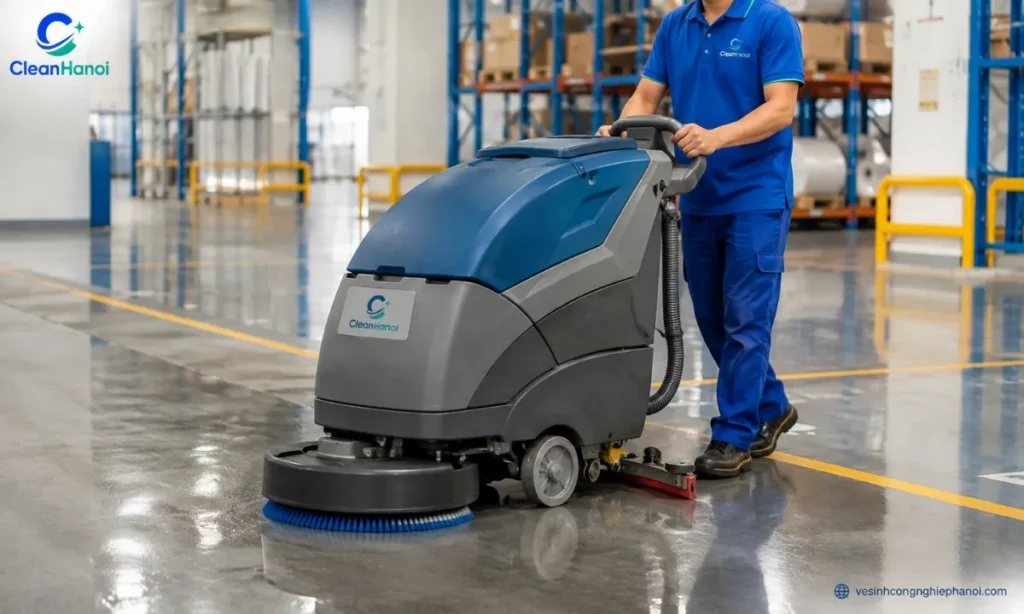 Máy chà sàn công nghiệp đang được vận hành trên mặt sàn