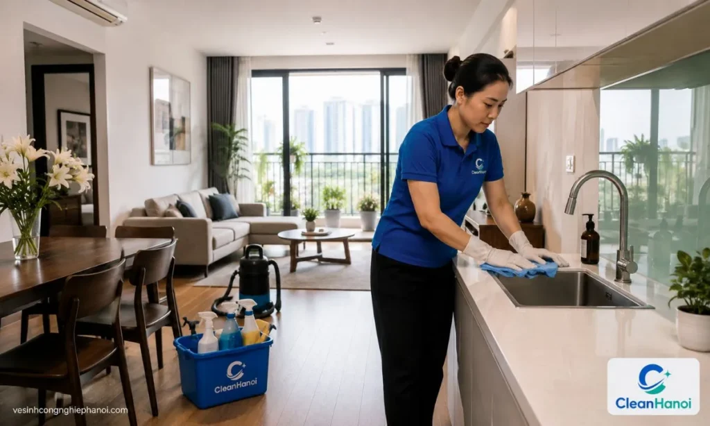 Nhân viên CleanHanoi đang thực hiện công việc dọn dẹp nhà cửa