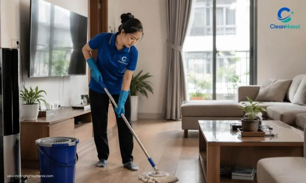 Nhân viên CleanHanoi đang lau dọn nhà cửa cho khách hàng