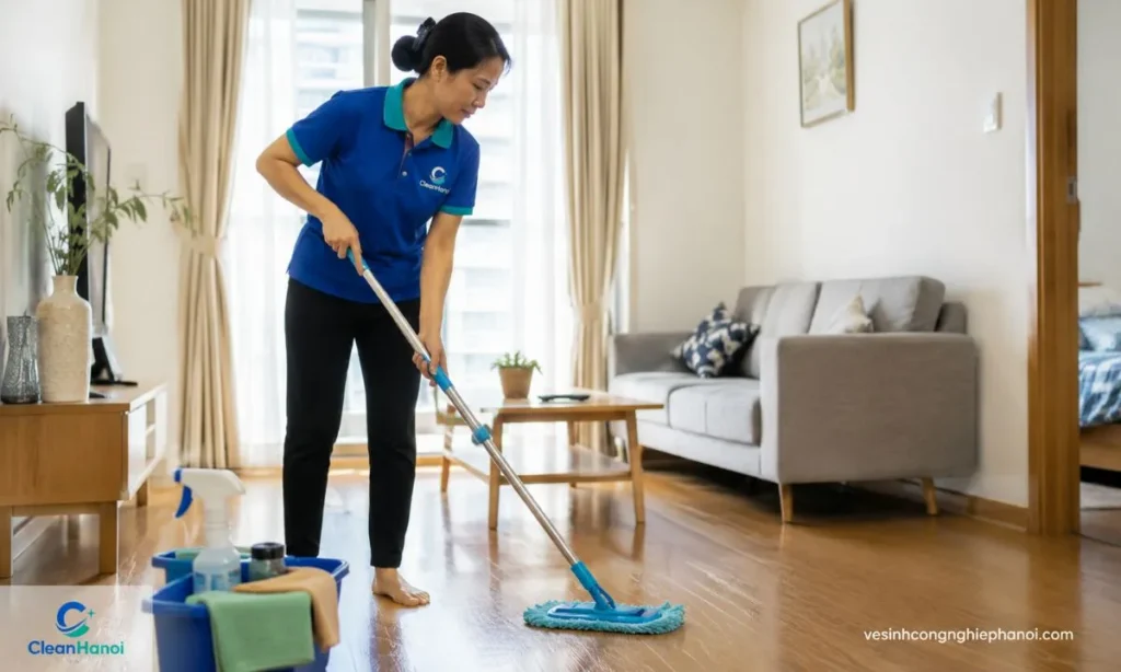 Nhân viên CleanHanoi đang lau dọn nhà cửa cho khách hàng