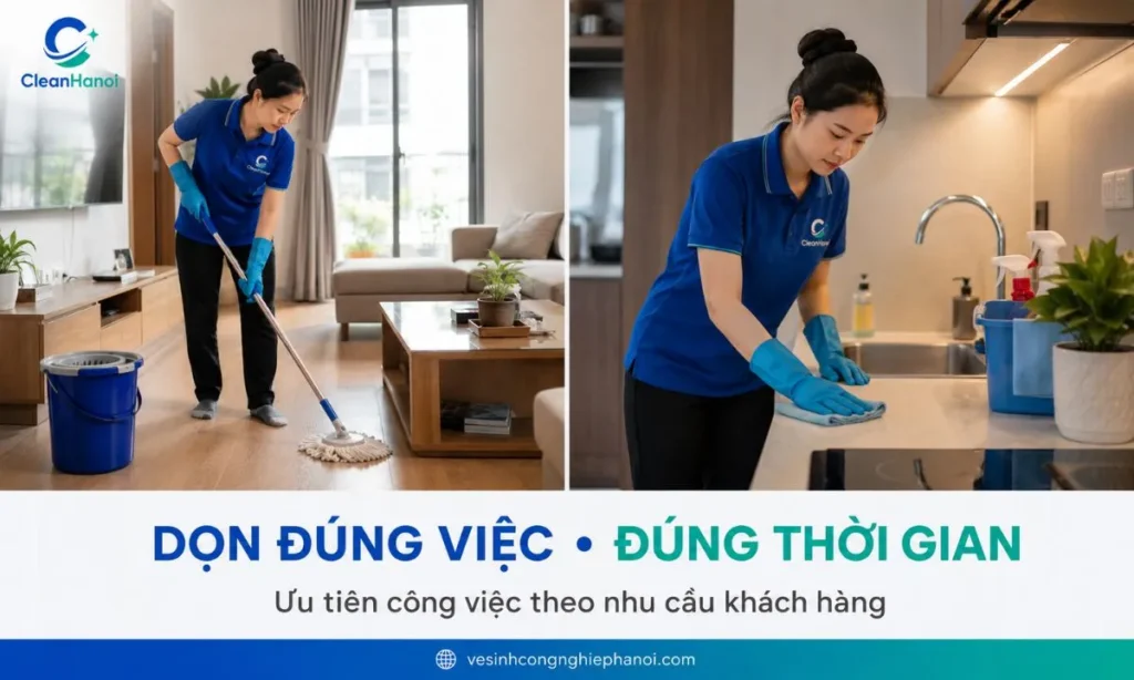 Nhân viên CleanHanoi thực hiện công việc dọn dẹp theo yêu cầu khách hàng