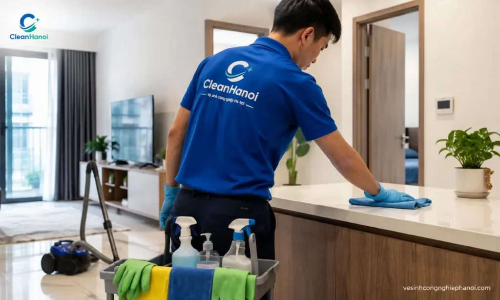 Nhân viên CleanHanoi thực hiện công việc dọn nhà theo yêu cầu