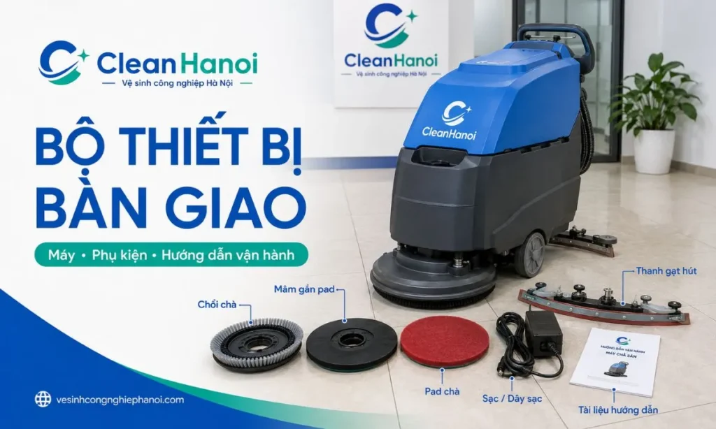 Máy chà sàn và các phụ kiện được kiểm tra trước khi bàn giao