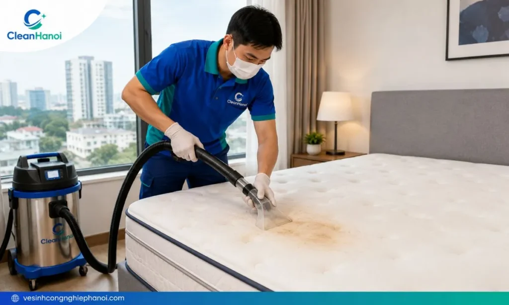Kỹ thuật viên CleanHanoi làm sạch bề mặt đệm bằng thiết bị chuyên dụng