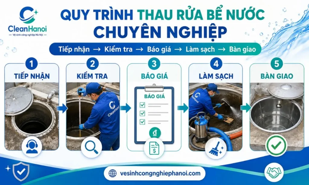 Quy trình vệ sinh bể nước gồm tiếp nhận hiện trạng, kiểm tra điều kiện, báo giá, hút cặn cọ rửa và bàn giao.