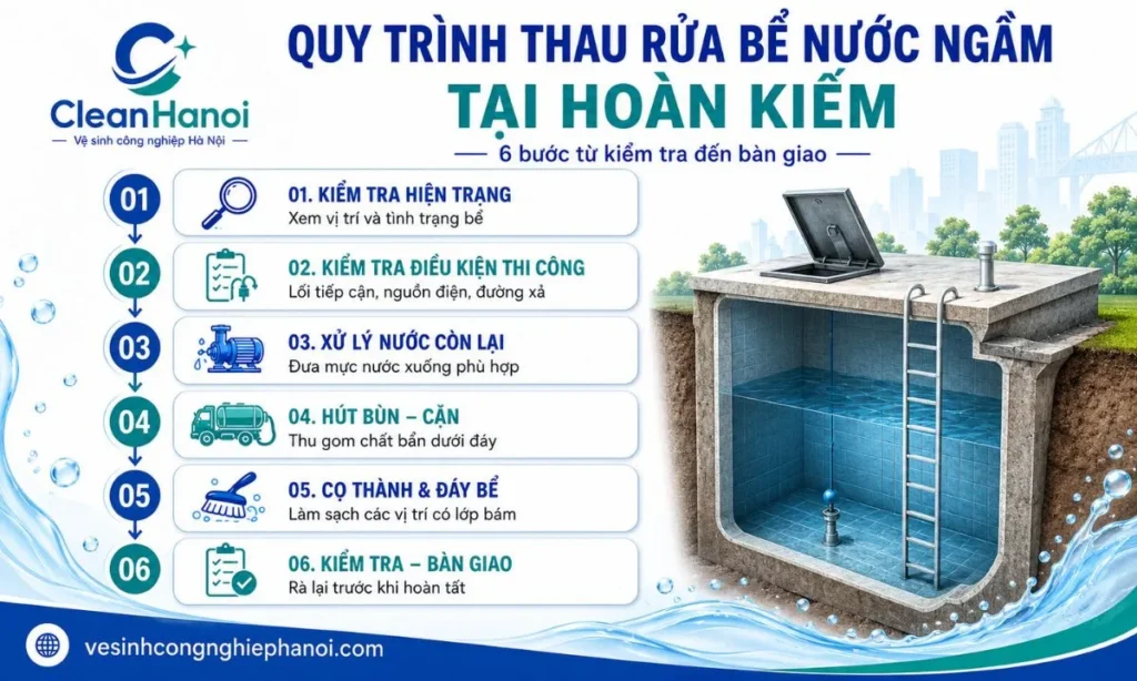 Quy trình thau rửa bể nước ngầm tại Hoàn Kiếm gồm 6 bước
