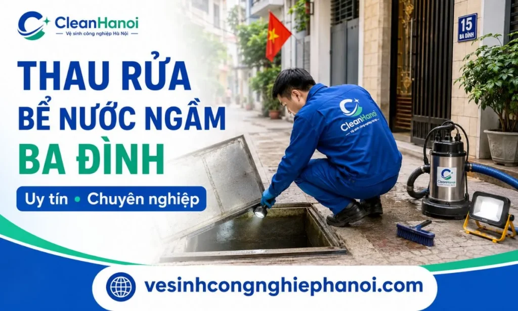 Nhân viên CleanHanoi kiểm tra và thau rửa bể nước ngầm tại Ba Đình