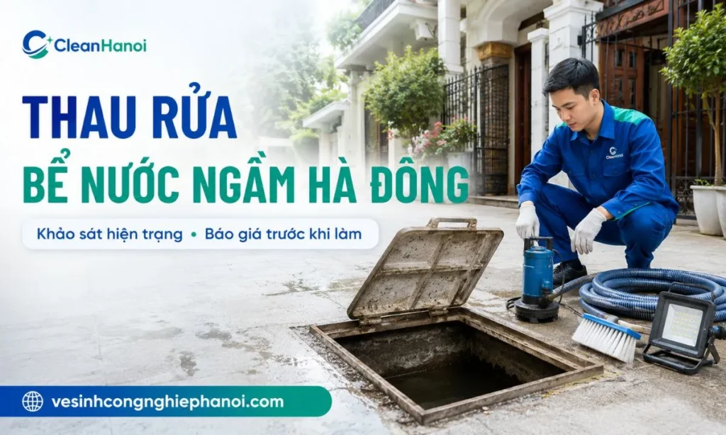 Nhân viên CleanHanoi thau rửa bể nước ngầm tại Hà Đông