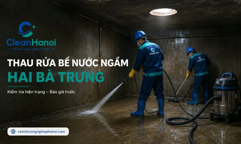 Nhân viên CleanHanoi thau rửa bể nước ngầm tại Hai Bà Trưng