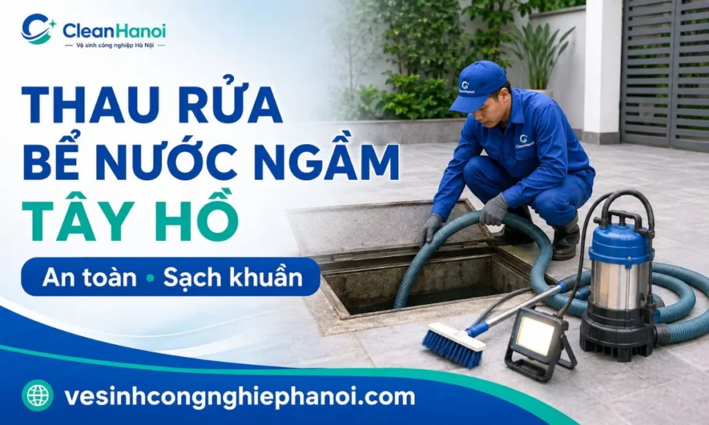 Nhân viên CleanHanoi thau rửa bể nước ngầm tại Tây Hồ