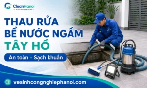 Nhân viên CleanHanoi thau rửa bể nước ngầm tại Tây Hồ