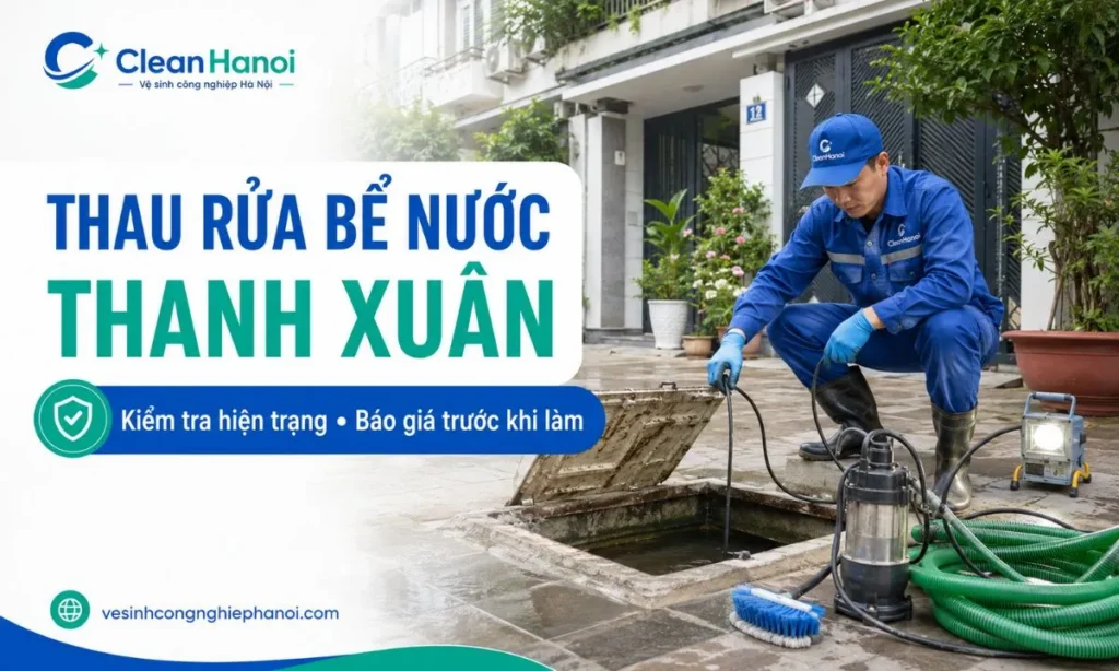 Nhân viên CleanHanoi thau rửa bể nước tại Thanh Xuân