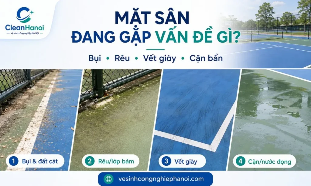 Rêu bụi đất cát và vết giày trên mặt sân thể thao